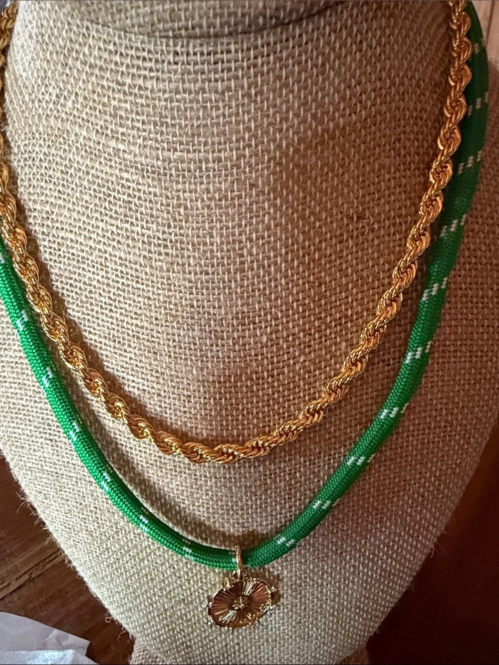 J. Crew Gold Pendant Layered Necklace with Green Cord
